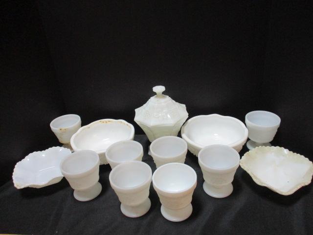 Milk Glass Lot, Eight Sherbet's, Four Bowls, and Lidded Compote.