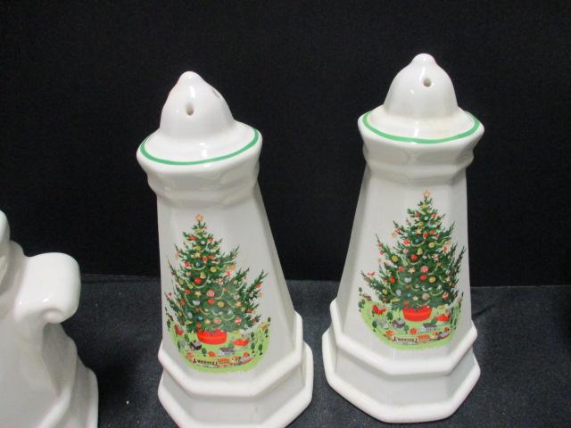 Pfaltzgraff Christmas Salt/Pepper Seven Coffee Mugs, Creamer/Sugar, Handled Soup Bowl and Odd Lid.