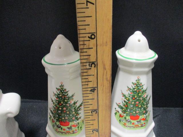 Pfaltzgraff Christmas Salt/Pepper Seven Coffee Mugs, Creamer/Sugar, Handled Soup Bowl and Odd Lid.