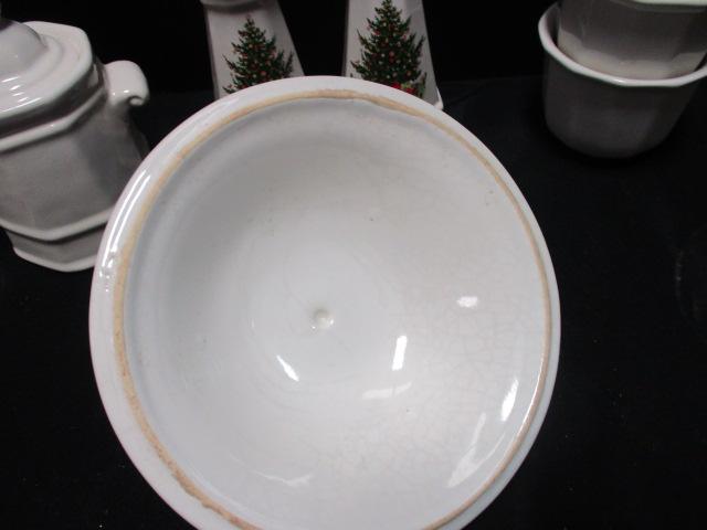 Pfaltzgraff Christmas Salt/Pepper Seven Coffee Mugs, Creamer/Sugar, Handled Soup Bowl and Odd Lid.