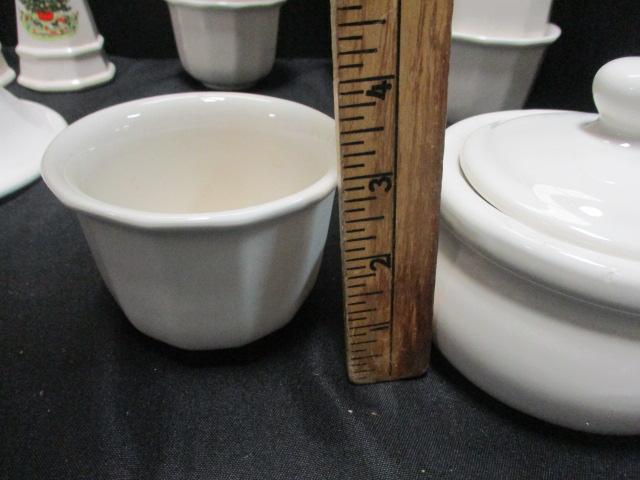 Pfaltzgraff Christmas Salt/Pepper Seven Coffee Mugs, Creamer/Sugar, Handled Soup Bowl and Odd Lid.
