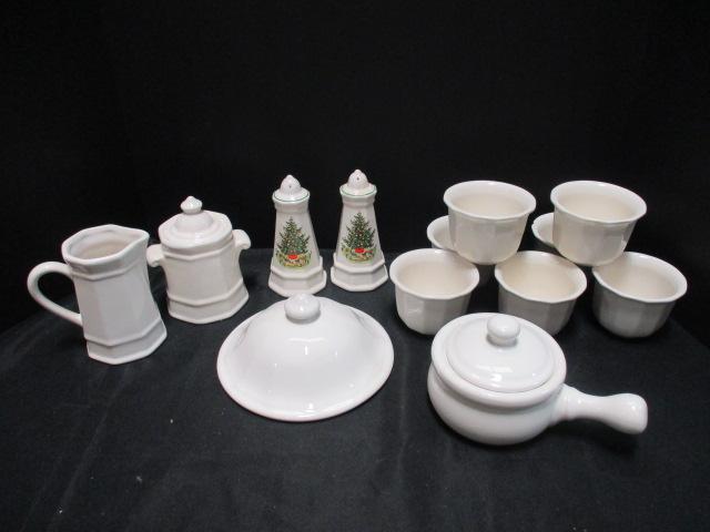 Pfaltzgraff Christmas Salt/Pepper Seven Coffee Mugs, Creamer/Sugar, Handled Soup Bowl and Odd Lid.