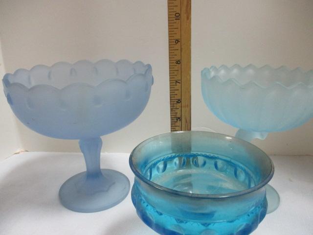 Blue Glass Compote and Two Frosted Glass Compote.