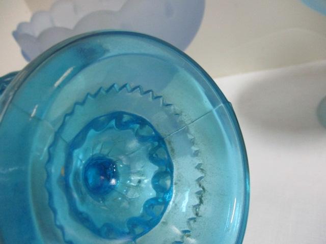 Blue Glass Compote and Two Frosted Glass Compote.