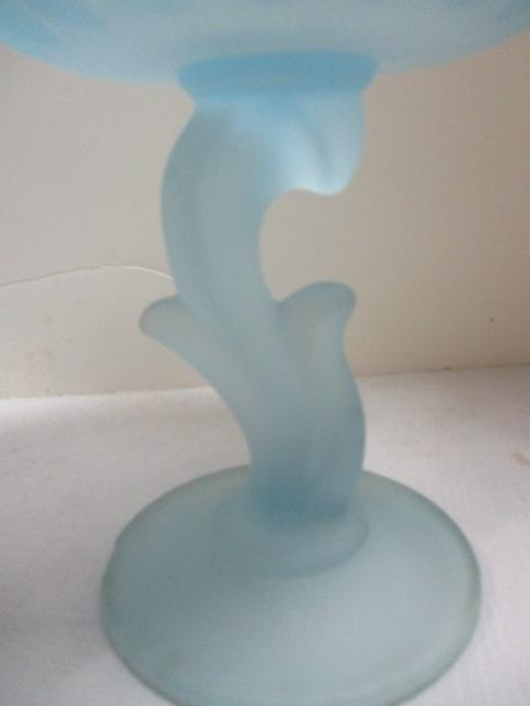 Blue Glass Compote and Two Frosted Glass Compote.