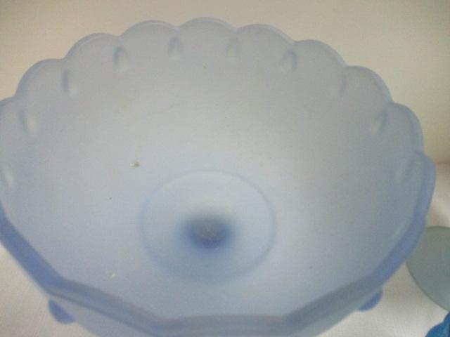 Blue Glass Compote and Two Frosted Glass Compote.
