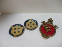 Two Florentine Coasters Made in Italy, Baroque-Style Frame with Cherub Wall Hanging.