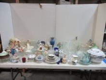 Large Table Lot of Glassware, Plates, Vases, Dishes, Figurines, Enamelware, Etc.