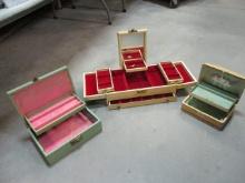 Vintage Jewelry Boxes, One Three Fold Outs with Mirror and Drawer, Two with Fold out and Tray.