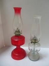 Vintage Red Kerosene Lantern and Clear Lantern.