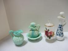 Vintage Lidded Pedestal Jar and Three Avon Vases.