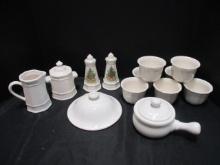 Pfaltzgraff Christmas Salt/Pepper Seven Coffee Mugs, Creamer/Sugar, Handled Soup Bowl and Odd Lid.