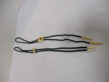 Vintage Two Bolo Corded Ties with Scrimshaw Moose with Pre Ban Ivory Tips.
