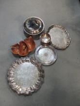 Box Lot of Silverplate, Trays, Chaffing Dish, Bowl, Wood Divided Leaf Shaped Dish.