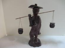 Vintage Hand Carved Wooden Statue of Asian Fisherman Carrying Buckets.