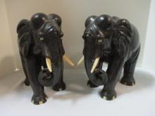 Pair of Very Heavy  Possibly Hand Carved Ebony Elephant Sculptures with Tusks.
