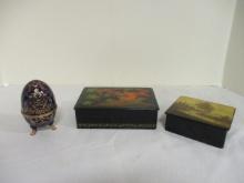 Two Lacquer Boxes, One Landscape Scene and One Folk Art Scene. Egg Trinket Box. Edge Needs to be ...