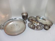 Box Lot Of Silverplate, Three Trays, Gray Boat and Tray, Eight Small Bowls and Saucers.