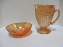 Marigold Iridescent  Iris and Herringbone Pitcher and Bowl.