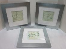 Three Silver Framed Matted Pictures, Fish, Sailboat, and Glasses.