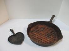 Wagner's 1891 Original Cast Iron Pan and Small Heart Shaped Cast Iron Pan. Rust on Larger Pan.