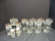 Mid Century Two Tumblers, Seven Tea Glasses (Worn),  Goblet, and Pair Salt/Pepper Shakers.