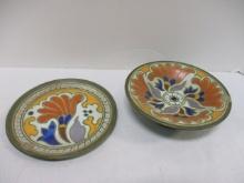 Vintage Signed Gouda Saucer and Pedestal Dish. Dish Broken Edge on Stand.