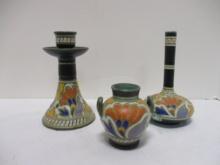 Three Piece Signed Gouda Pottery, Vases and Candlestick.