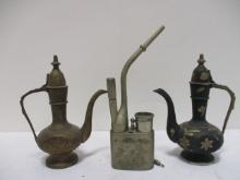Vintage Asian Silver Toned Water Pipe. Two India Signed Teapots.