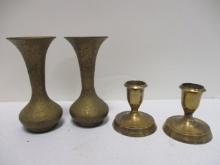 Pair Legrand Candlesticks, Made in India. Pair Brass Vases, Made in India.