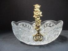 Vintage Heavy Cut Crystal Glass Basket with Brass Floral Victorian Handle.