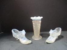 Pair Iridescent Hobnail Glass Boots with Cat and Hobnail Vase.