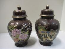 Pair of Oriental Urns with Lids, Japan on Bottom.