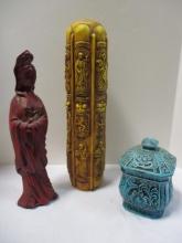 Dynasty Japan Blue Lidded Dish, Wood Carved Lady, Decorative Cylinder Piece.