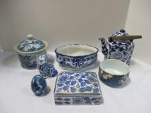 Box of Assorted Blue and White Dishes, Trinkets and Figurines.