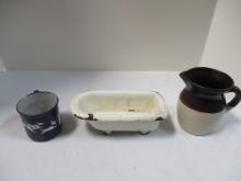 Vintage Cast Iron Miniature Bathtub, Enamel Cup with Dogs made in Austria, Roseville Pitcher.