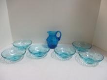 Six Blue Capri Dot Berry Bowls and Blue Syrup Pitcher.