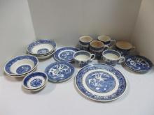 Box Lot of Assorted Blue and White Dishes. Some Chips and Crazing.