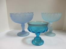 Blue Glass Compote and Two Frosted Glass Compote.