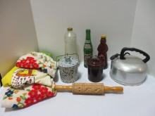 Two Wire Closure Crocks, Cookie Wooden Rolling Pin, Comet Aluminum Kettle, Sun Drop and Mrs. Butt...
