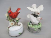 2 Ceramic Music Box Bird Figurines