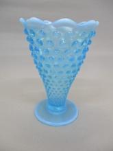 Fenton Blue Opalescent Hobnail Vase Scalloped Edge