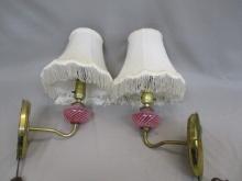 Pair of Vintage Fenton Cranberry Swirl & Brass Sconces