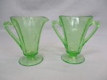 Green Depression Glass Etched Grape Cluster Cream & Sugar