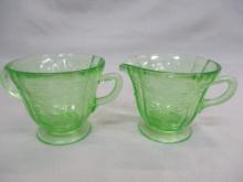Green Depression Glass  Creamer & Sugar
