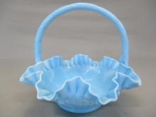 Fenton Blue Slag Glass Basket Ruffled Edge