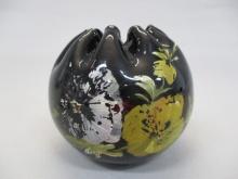 Ebony Black Glass Vase Hand Painted 3 1/2