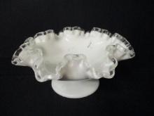 Fenton White Milk Glass Ruffled Edge Pedestal Compote With Sticker.