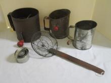 Set of 4 Biscuit Cutters. Three Sifters and Wood Handle Straining Spoon.