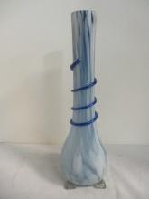 Blue and White Art Glass Vase with Royal Blue Trail Surrounding Vase.